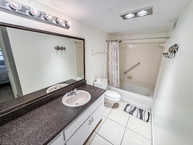 full bathroom featuring tile patterned flooring, vanity, shower / bath combination with curtain, and toilet