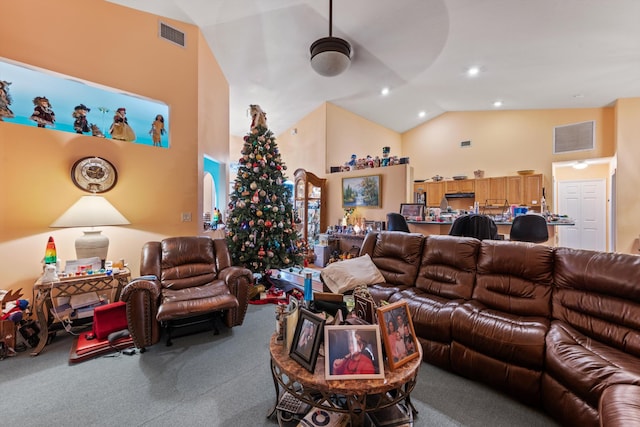 living room with high vaulted ceiling