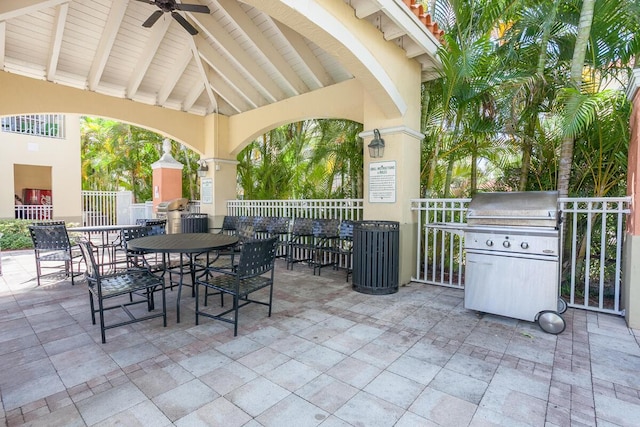 view of patio with a gazebo, grilling area, and ceiling fan