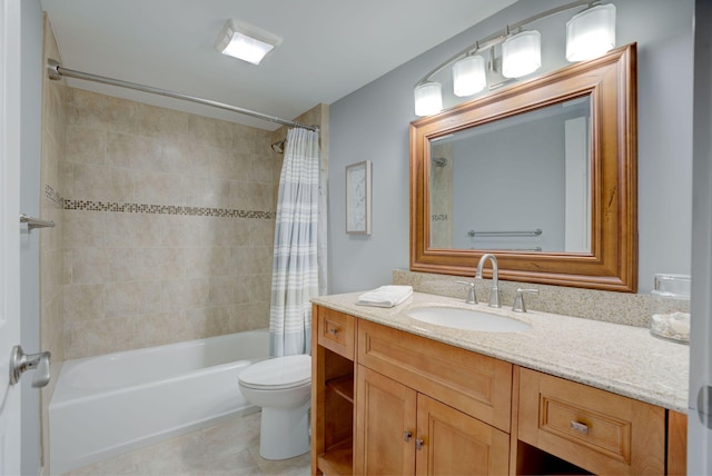 full bathroom featuring shower / tub combo, tile patterned floors, vanity, and toilet