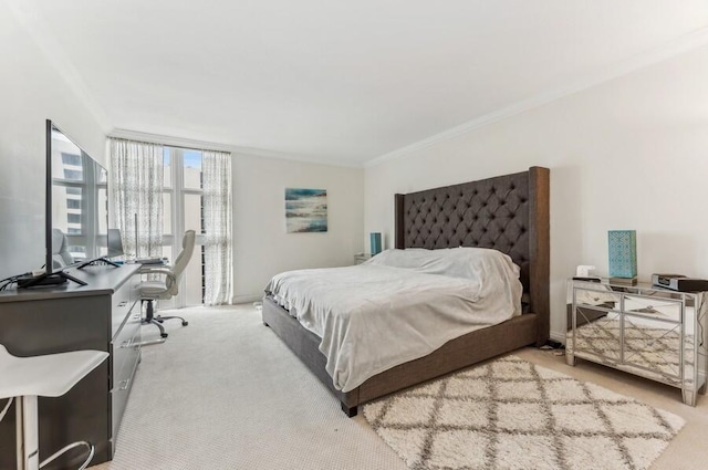 carpeted bedroom with crown molding