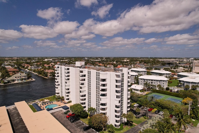 birds eye view of property featuring a water view