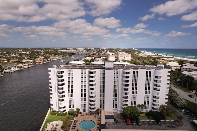 drone / aerial view with a water view