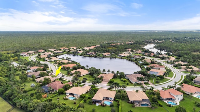 aerial view featuring a water view