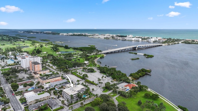 drone / aerial view featuring a water view