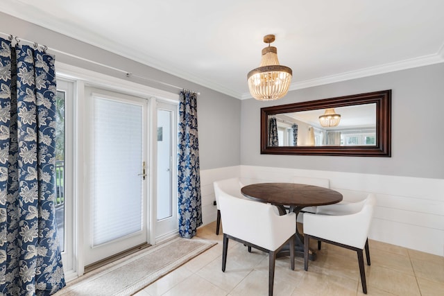 dining room featuring a healthy amount of sunlight, crown molding, light tile patterned flooring, and a chandelier