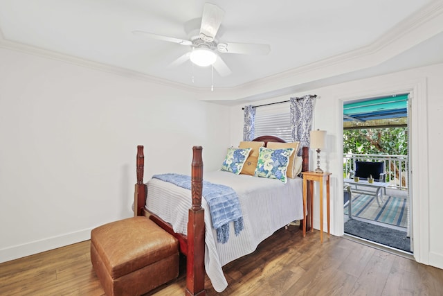 bedroom featuring access to outside, ceiling fan, ornamental molding, and hardwood / wood-style flooring