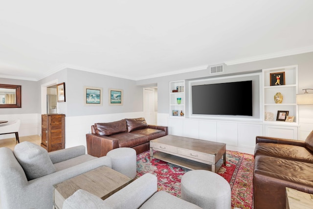 tiled living room featuring crown molding and built in features