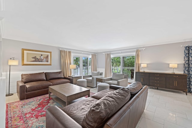 living room with crown molding