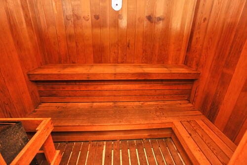 view of sauna featuring hardwood / wood-style floors