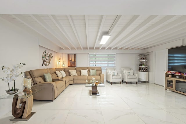 living room with wood ceiling and beamed ceiling