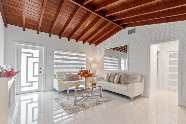 living room with brick wall, wooden ceiling, and a healthy amount of sunlight