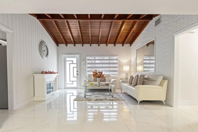 living room featuring wood ceiling, wooden walls, brick wall, and lofted ceiling with beams