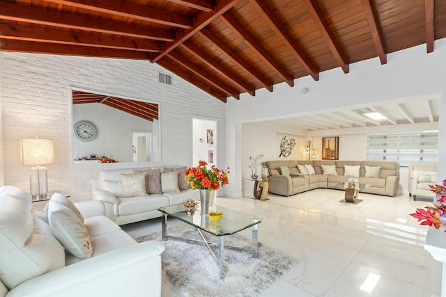 living room featuring brick wall, lofted ceiling with beams, and wooden ceiling