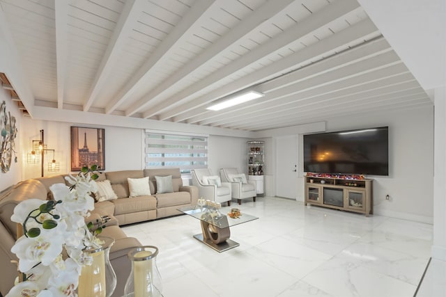 living room with beam ceiling