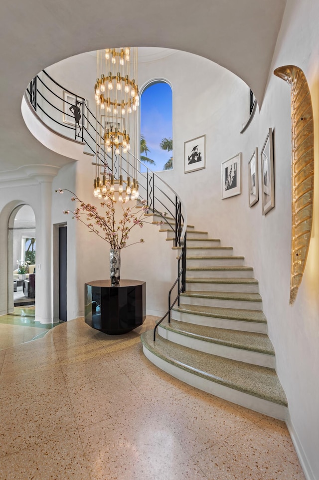 stairway with a high ceiling