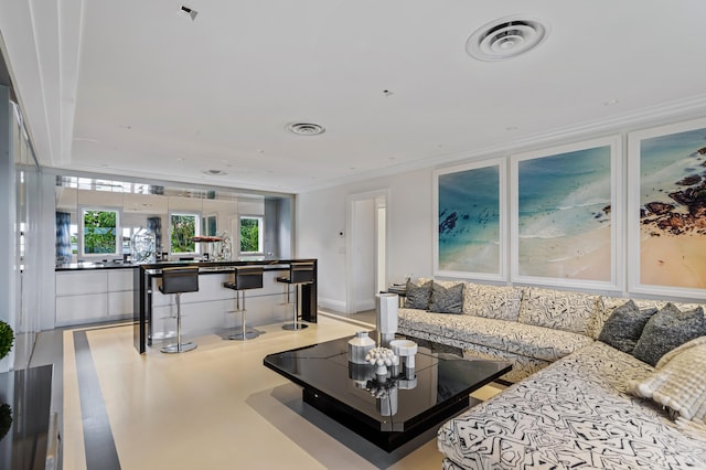 living room with crown molding