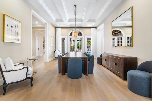 dining area with beamed ceiling, coffered ceiling, an inviting chandelier, and light hardwood / wood-style flooring