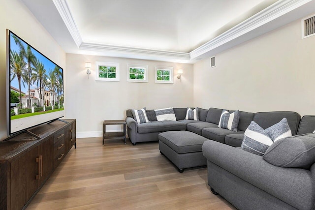 living room with a raised ceiling and light wood-type flooring