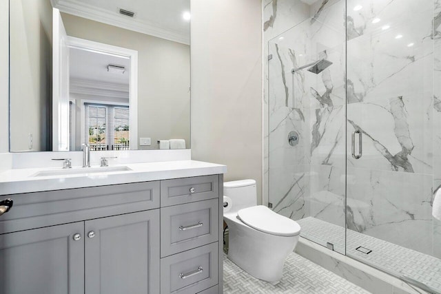 bathroom with ornamental molding, toilet, an enclosed shower, and vanity