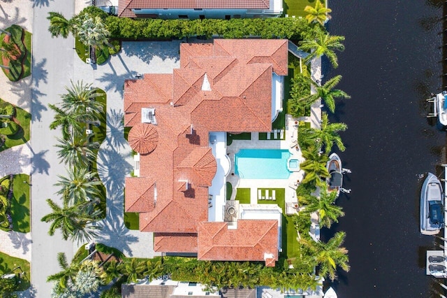 aerial view featuring a water view