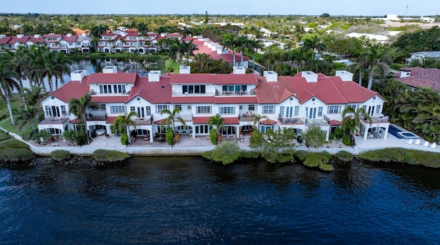 aerial view featuring a water view