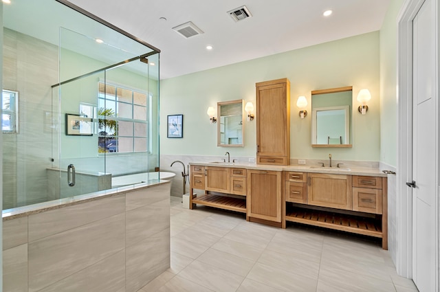 1583 Estuary Trl, Delray Beach, FL 33483 - bathroom with visible vents, a sink, double vanity, and a stall shower