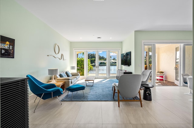 tiled living room with french doors