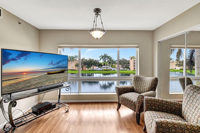 living area featuring a water view, light hardwood / wood-style floors, and a healthy amount of sunlight