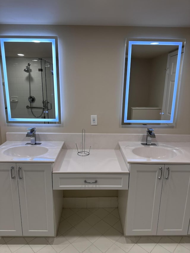 5777 Gemstone Ct Unit 304, Boynton Beach, FL 33437 - full bathroom featuring two vanities, tile patterned floors, and tiled shower