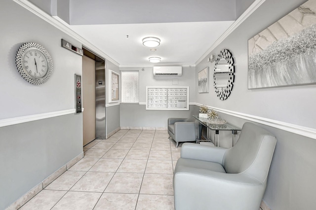 corridor with ornamental molding, a wall mounted air conditioner, light tile patterned floors, and mail boxes