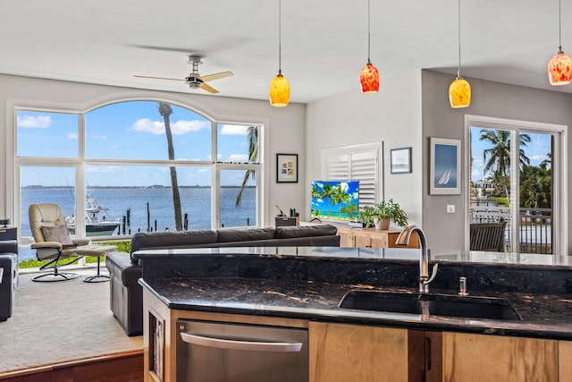 kitchen featuring sink, hanging light fixtures, hardwood / wood-style floors, and plenty of natural light