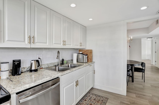 kitchen with decorative backsplash, stainless steel dishwasher, sink, light hardwood / wood-style flooring, and white cabinets