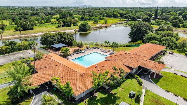 drone / aerial view with a water view