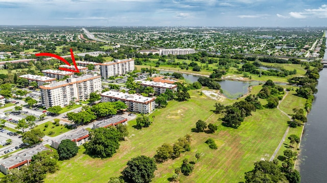 bird's eye view with a water view