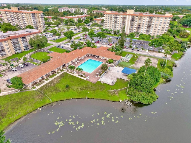 aerial view featuring a water view