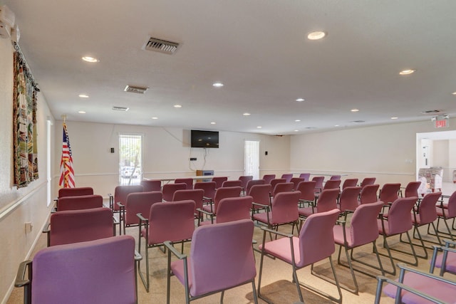 cinema room featuring light carpet