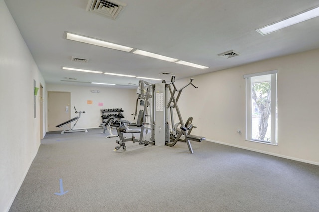 exercise room featuring light colored carpet