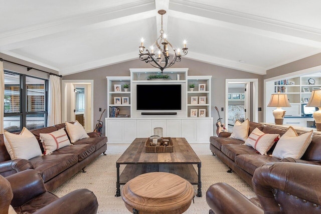 living room featuring light carpet, vaulted ceiling with beams, an inviting chandelier, and a wealth of natural light