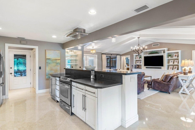 kitchen featuring appliances with stainless steel finishes, a center island, a notable chandelier, vaulted ceiling with beams, and white cabinetry