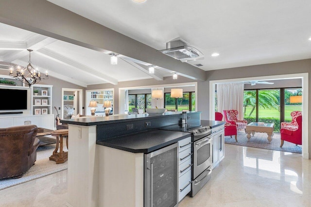 kitchen with lofted ceiling with beams, wine cooler, plenty of natural light, and stainless steel electric stove