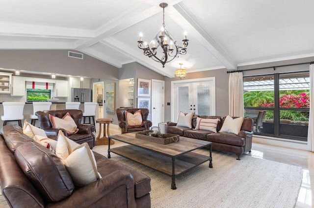 tiled living room featuring french doors, lofted ceiling with beams, and a notable chandelier