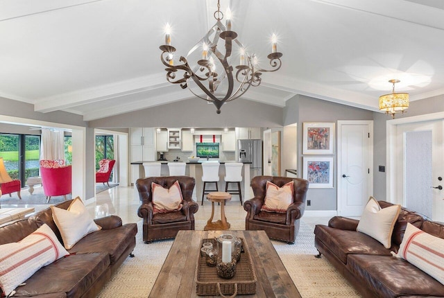 carpeted living room with a chandelier, lofted ceiling with beams, and crown molding