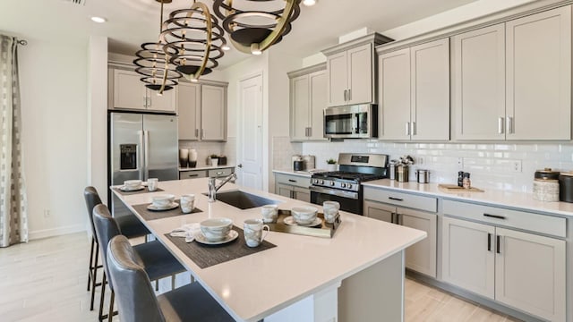 kitchen featuring appliances with stainless steel finishes, decorative backsplash, and a center island with sink