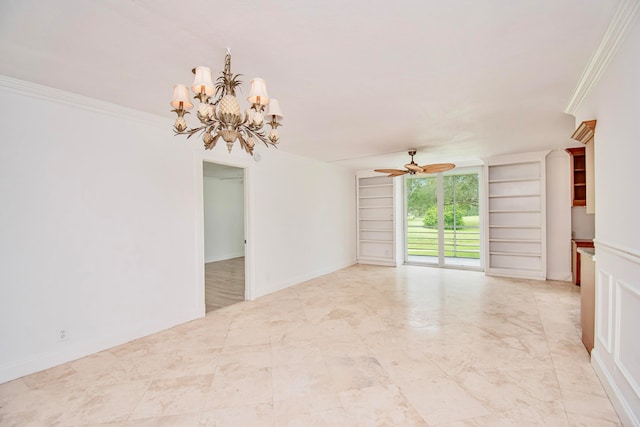 empty room featuring ceiling fan with notable chandelier, built in features, and ornamental molding