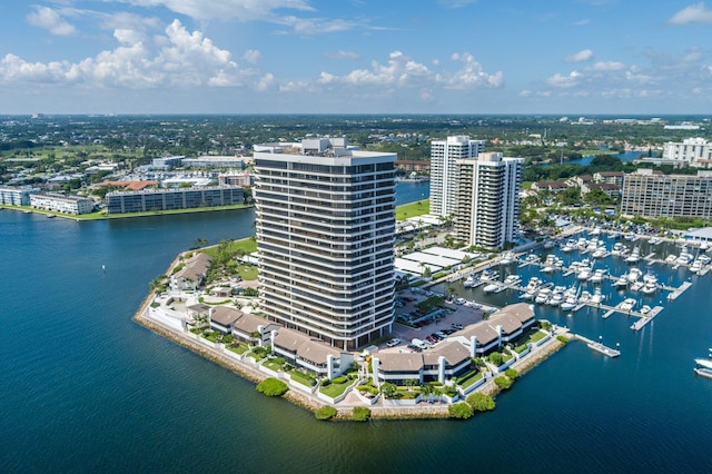 birds eye view of property featuring a water view