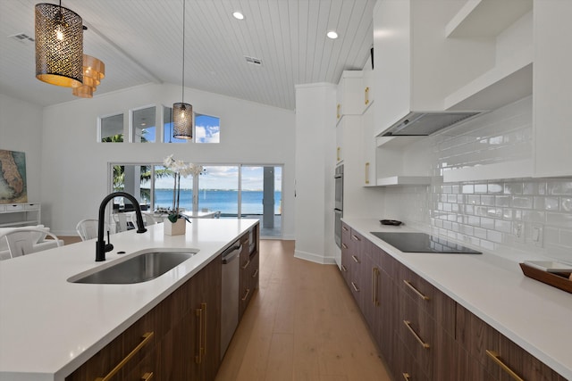 kitchen with pendant lighting, sink, wall chimney exhaust hood, light hardwood / wood-style flooring, and stainless steel appliances