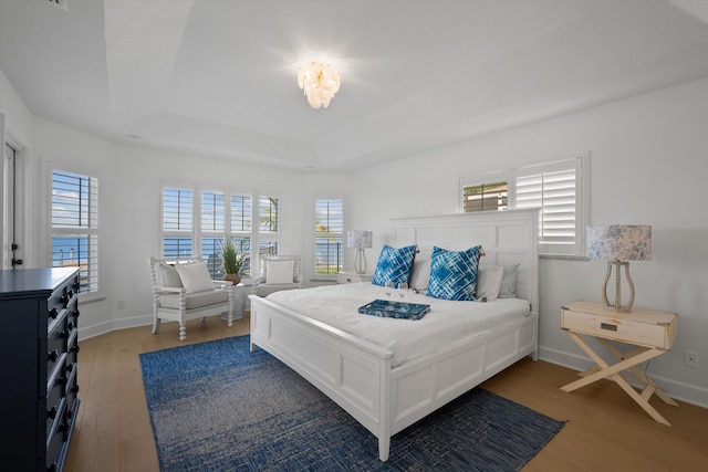 bedroom with light hardwood / wood-style floors and multiple windows