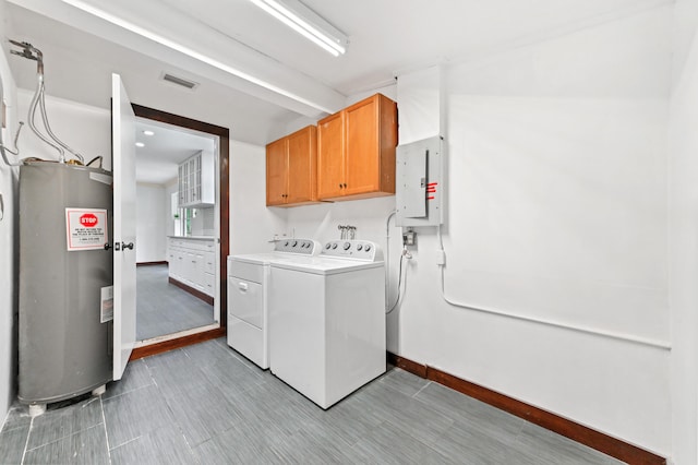 washroom with cabinets, water heater, light hardwood / wood-style flooring, electric panel, and washer and clothes dryer