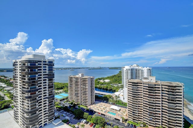 drone / aerial view featuring a water view